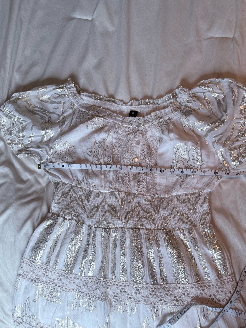 NWT Stunning Shimmery Cream and Gold Lace Metallic Embroidered Boho Midi Dress - Picture 10 of 15